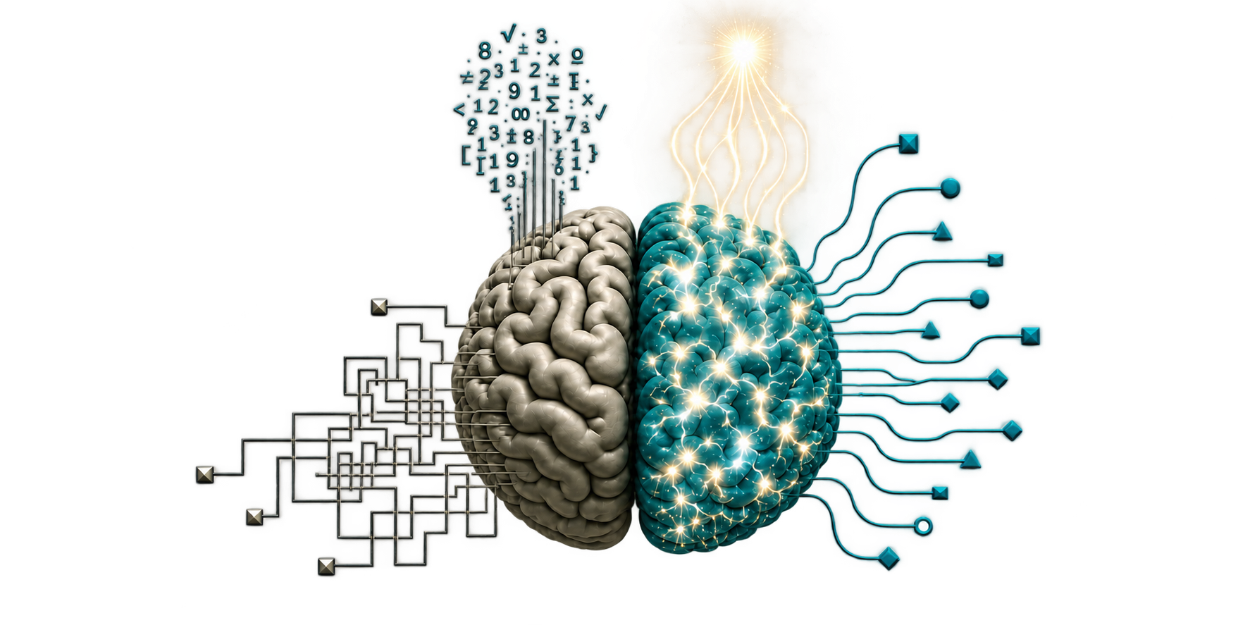 MȳND Rebellion brain: gray circuitry and teal illuminated connections.